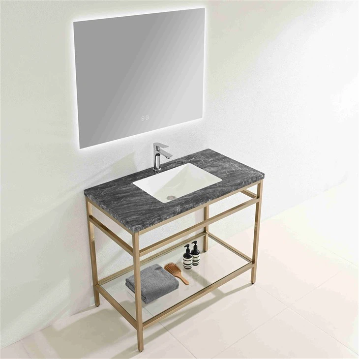 Natural Marble Brazilian Black Gold Metal Frame Bathroom Vanity