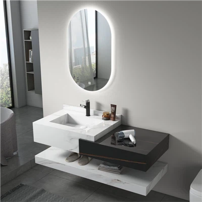 Matte Fish Belly White With Lauren Black Gold Special Sintered Stone Bathroom Vanity